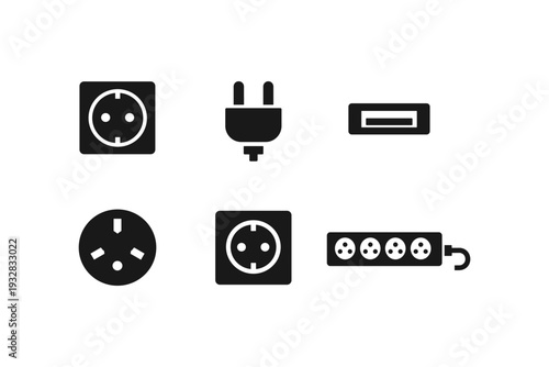 Collection of electrical plugs, sockets, and power strip icons on a white background