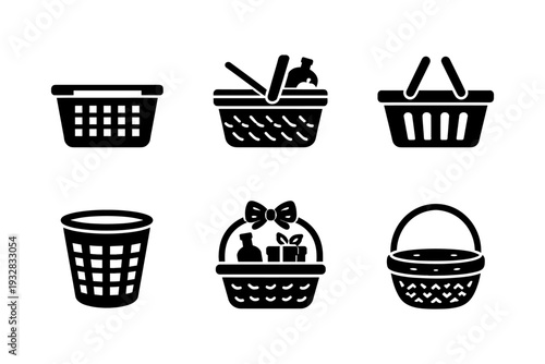 Collection of six different basket icons representing shopping, gifts, and storage solutions