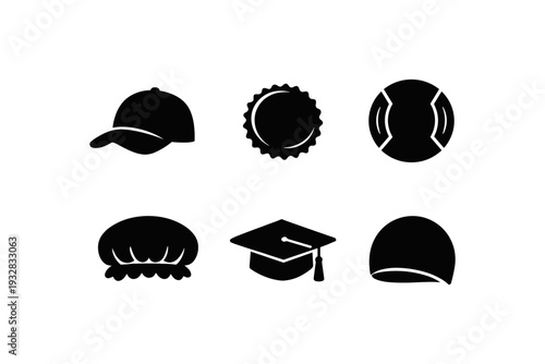 Collection of six different black headwear and accessory icons on a white background