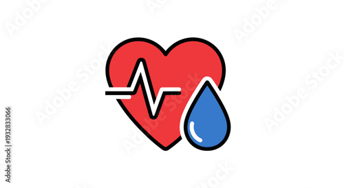 Heartbeat and Blood Drop Icon for Health Donation and Hydration