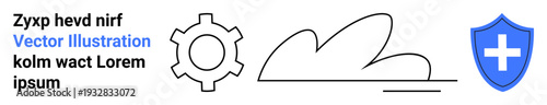 Gear symbolizing operation, cloud for technology, shield with cross for protection. Ideal for technology, innovation, cybersecurity, cloud services, safety, healthcare simple landing page