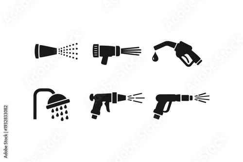 Collection of six different spray nozzle and shower head icons in black and white