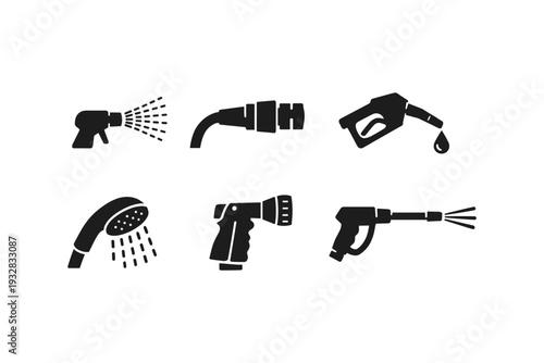 Collection of six different spray nozzles and watering devices icons