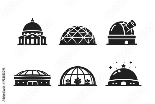 Collection of dome-shaped building icons including observatory, greenhouse, and planetarium
