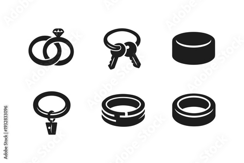 Collection of six ring and key icons representing different types of rings and keys