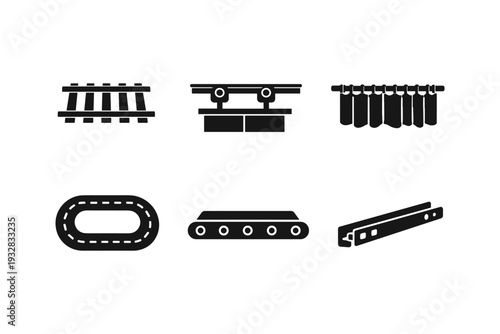 Collection of industrial transport and movement icons including railways and conveyor belts