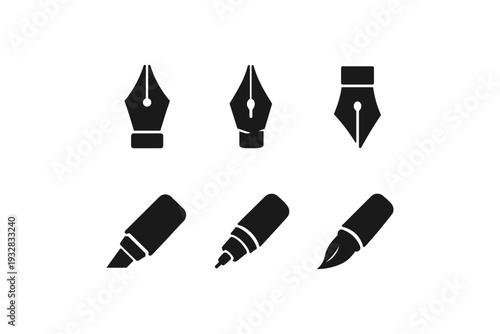 Collection of writing and drawing tools icons including fountain pen nibs, markers, and brush tip