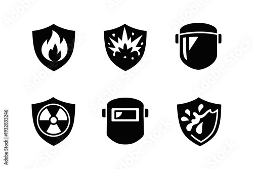 Collection of safety and protection icons representing different hazards and protective gear
