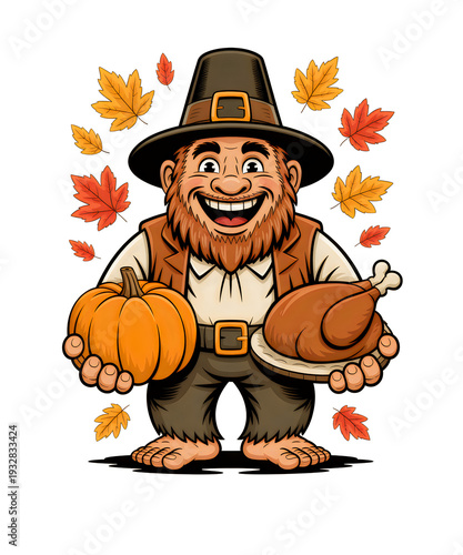 Cartoon pilgrim man holding pumpkin and roasted turkey