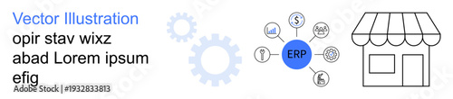 Business management, ERP software, retail operations, process integration, technology solutions, data organization. Infographic with ERP circle, connected icons and a storefront. Business management