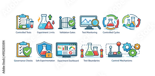 Scientific process, experimentation flat icon set. lab, testing, research icons collection