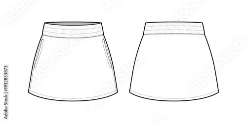 Elastic Waist Mini Skirt With Side Pockets- Front and Back View- Fashion Template Flat Illustration- CAD Mock up