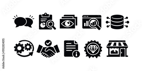 Business and analytics solid icon set. communication, analysis, data management icons
