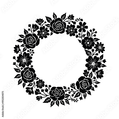 A minimalist floral wreath silhouette with a botanical circle frame, featuring a monochrome arrangement of roses, wildflowers, and leaves in a simple, black floral border on a white