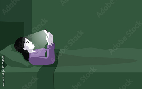 Woman reading glowing smartphone in bed