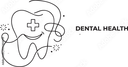 Dental Health emblem with stylized tooth medical cross abstract lines sparkles awareness campaign hygiene vector design