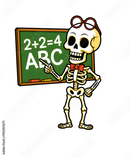 Cartoon skeleton teacher standing in front of green chalkboard with math and alphabet