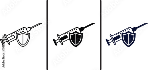 A set of three icons featuring a syringe and shield in different colors