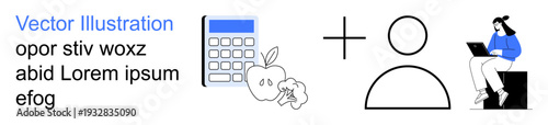Education, health tracking, online study, wellness, calculation, productivity. A calculator, apple human figure and person using a laptop. Digital learning and health tracking concept