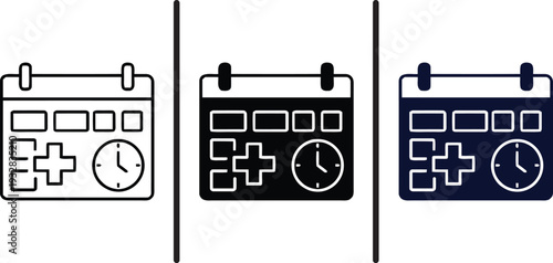 A set of calendar icons with clocks and medical symbols on a white background