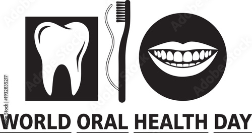 World Oral Health Day illustration with stylized tooth square toothbrush smiling mouth circle awareness campaign dental hygiene vector design