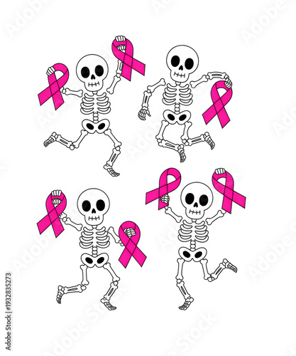 Dancing skeletons holding pink breast cancer awareness ribbons