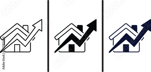 Real Estate Growth Icon Set with House and Upward Arrow Chart – Property Investment Business Symbol in Outline and Solid Style