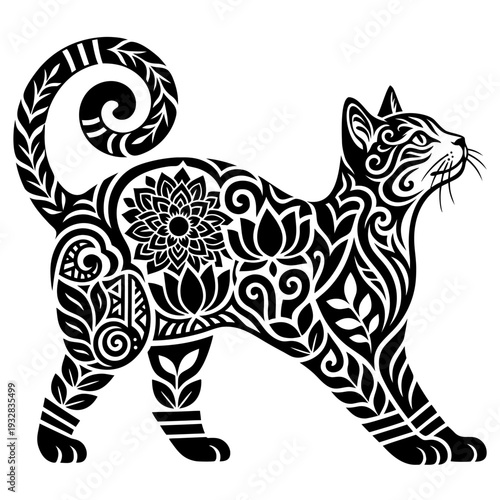 Wallpaper Mural Ornate Cat Vector Illustration with Floral Mandala Patterns and Boho Swirls, Zen Feline Silhouette for Wellness Branding, Yoga Studio Decor and Minimalist Animal Art Torontodigital.ca