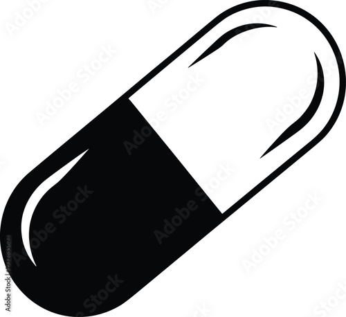 Black and white pill capsule icon vector illustration isolated on white background for medical healthcare pharmaceutical industry drug treatment pharmacy and vitamin supplement design