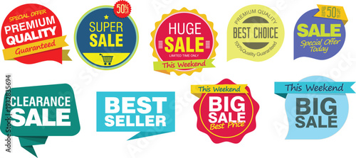A collection of colorful sale and discount stickers