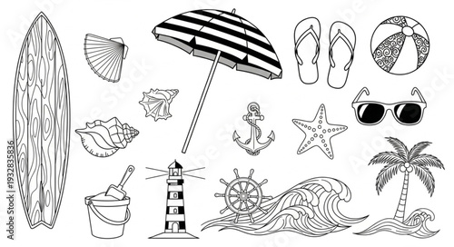 Beach vacation elements, including surfboard, umbrella, and various summer items.