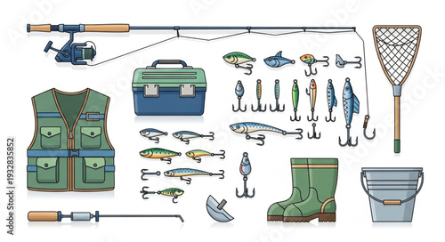 Comprehensive fishing gear collection showcasing rods, lures, nets, and accessories for angling.