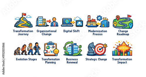 Business transformation flat icon set: change, planning, and strategy icons collection