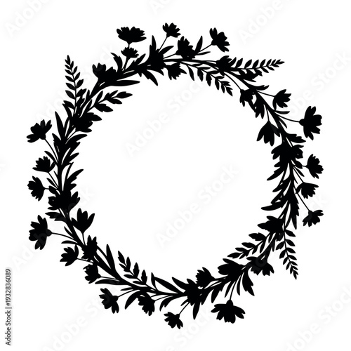Monochrome vector illustration of a spring wreath silhouette with botanical circle frame and floral elements on a white background.