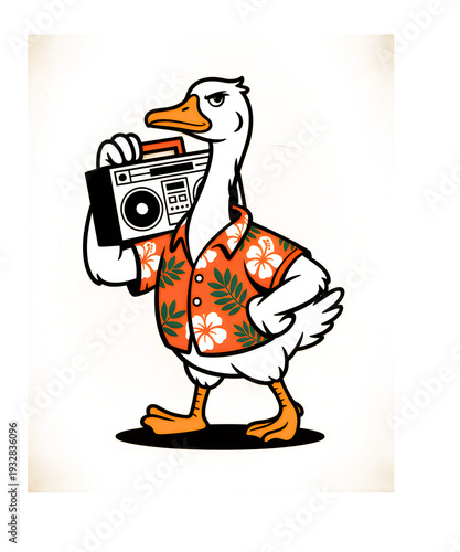 Goose wearing Hawaiian shirt holding boombox duck bird