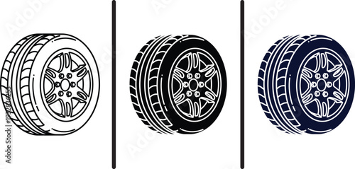 A set of three tires with different shading and design elements