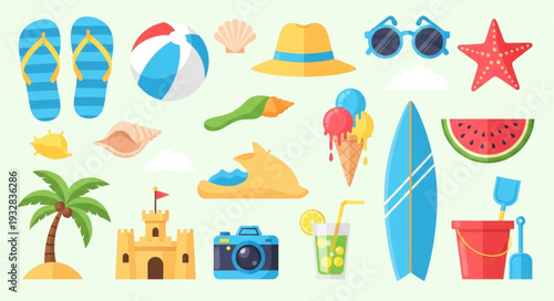 Collection of summer beach items, perfect for vacation and relaxation, sunny day.