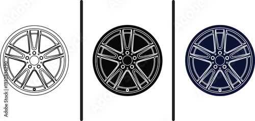 A set of three alloy wheels in different colors on a white background