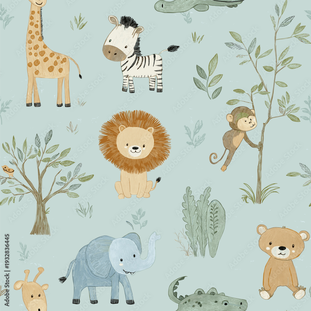 Fototapeta premium Safari animals pattern with giraffes, elephants, and lions on a light blue background. Cute cartoon jungle animals seamless pattern