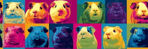Nine cute guinea pigs in a colorful pop art distinct grid pattern. Pop art guinea pig distinct pet portraits grid