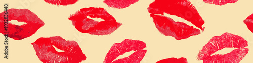 Red lipstick kiss marks covering a cream textured paper surface, creating a playful pattern. Red lipstick kiss marks seamless pattern on textured paper