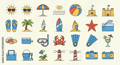 Collection of colorful summer beach icons and symbols on a light background.