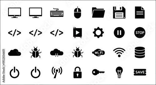 A collection of black technology and bug icons on a simple white background displayed from a straightforward viewpoint
