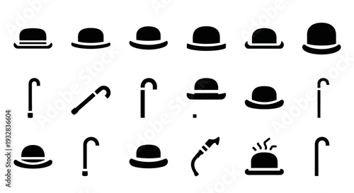 Collection of black hat and cane icons displayed in a grid pattern on a white background