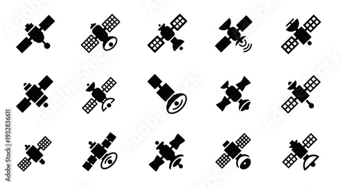 Satellites in orbit around the Earth, depicted in various black illustrations from different viewpoints