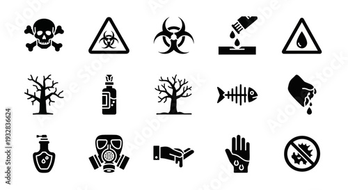 Collection of icons representing environmental hazards and pollution from various sources depicted in a simple graphic style
