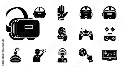 Collection of Virtual Reality Icons Representing Gaming and Interactive Technology Devices