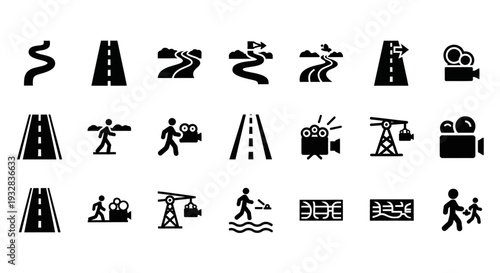 Black silhouettes of people and film equipment on a white background showcasing various filmmaking scenes and activities