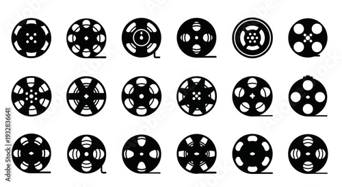 A collection of 16 black and white film reels displayed in a grid on a plain white background from a straightforward viewpoint