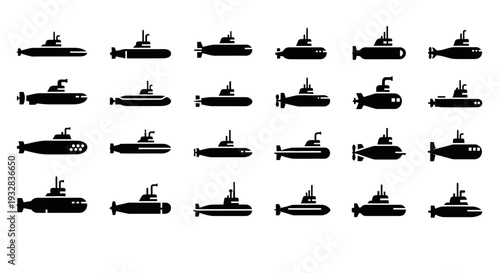 Collection of submarine silhouettes in various orientations and configurations displayed together
